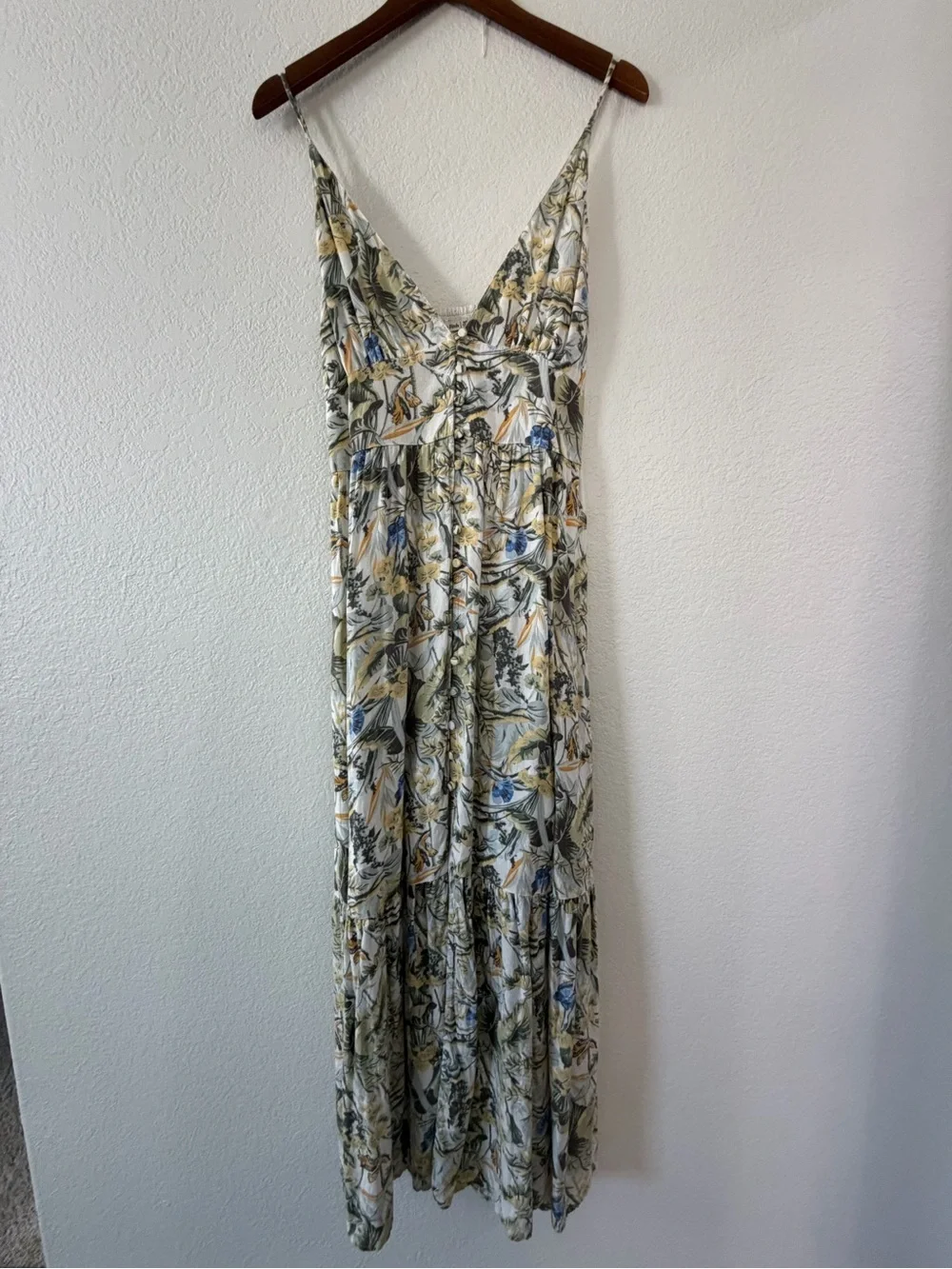 Abercrombie & Fitch Cream Floral V-Neck Maxi Dress with Green & Blue Accents